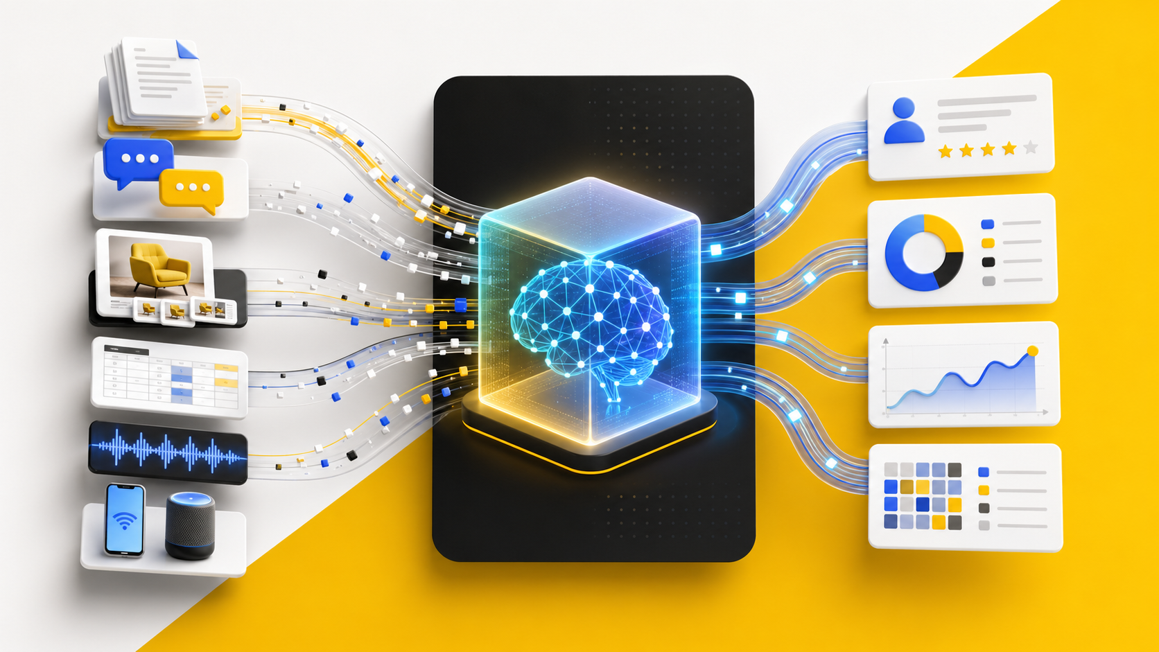业务资料进入 AI 模型并输出结构化结果的示意图